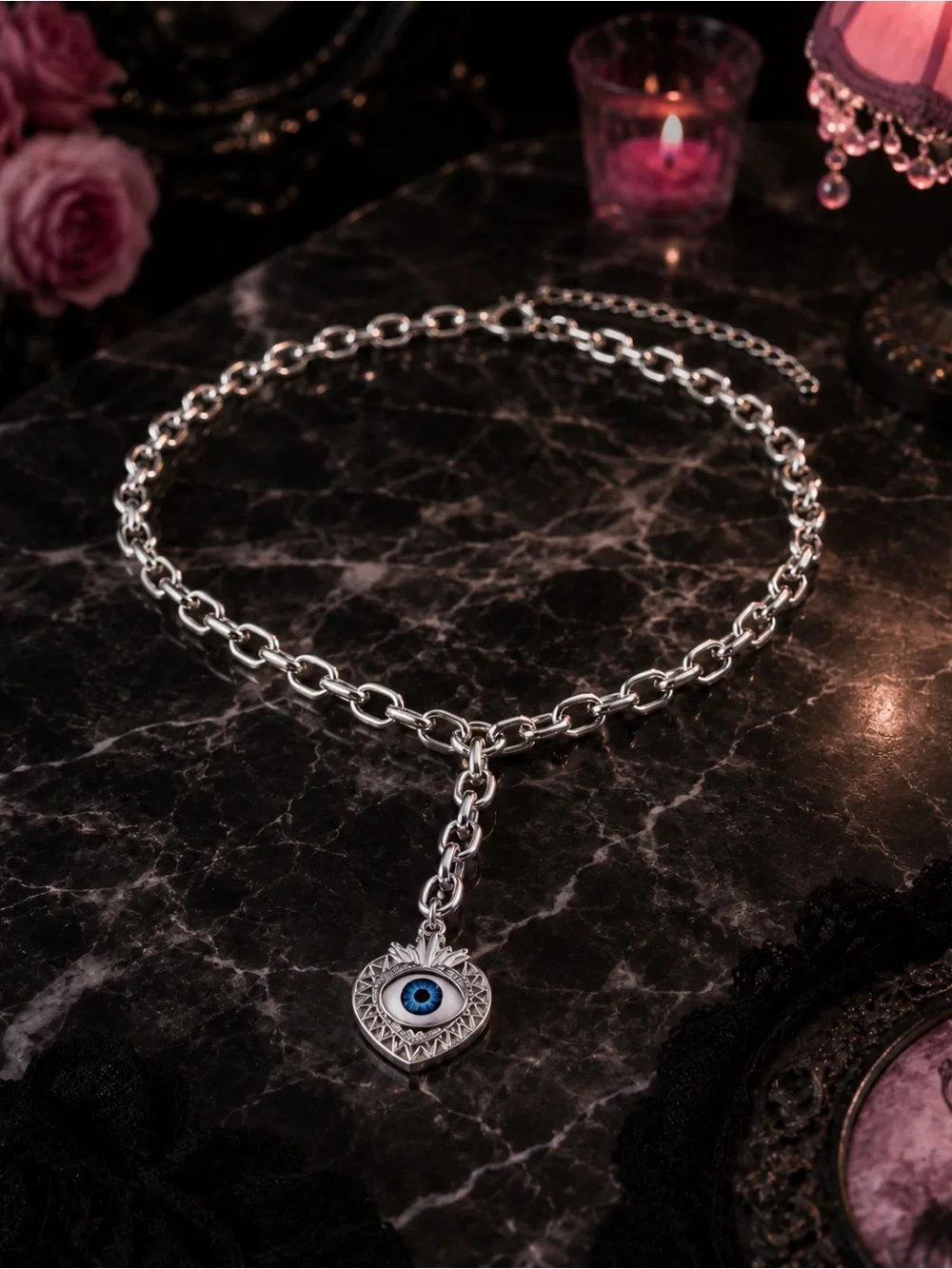 Silver Chain Necklace with Blue Evil Eye Heart Charm new